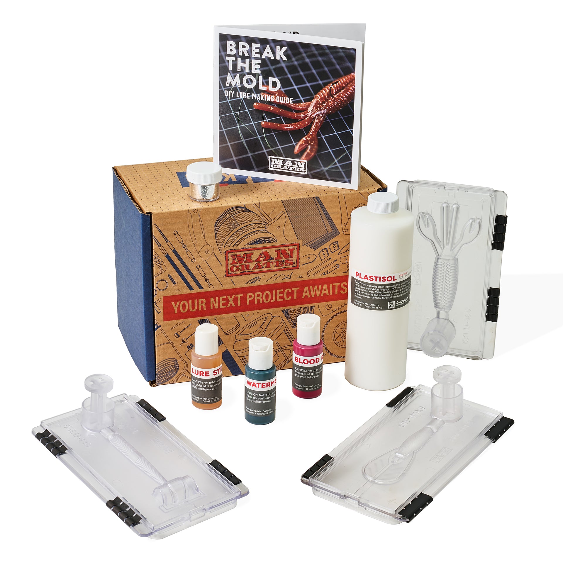 Man Crates Soft Plastic Lure Making Kit for Bass, Trout & Catfish, 1 pt Plastisol, 3 Molds, Color, Glitter & Scent, 1 pack